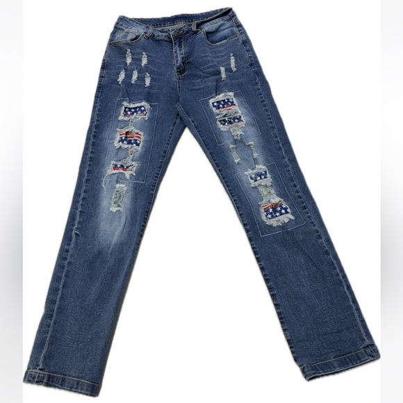 US Flag Patchwork Distressed Jeans Size Medium - Picture 3 of 8